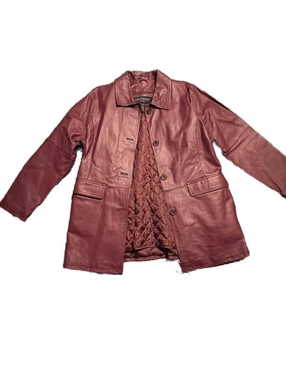 Centigrade Genuine Leather Burgundy Button Front Car Coat Quilted Lined Women's